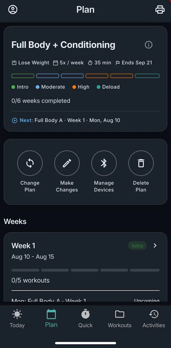 A generated plan called Full Body + Conditioning: Lose Weight, five days a week, 35 minutes, six weeks, with each week colour-coded Intro, Moderate, High or Deload.